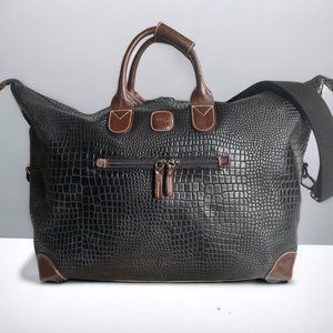 Bric MySafari Crocodile Embossed Black Tote Bag w/ Brown Leather Trim.